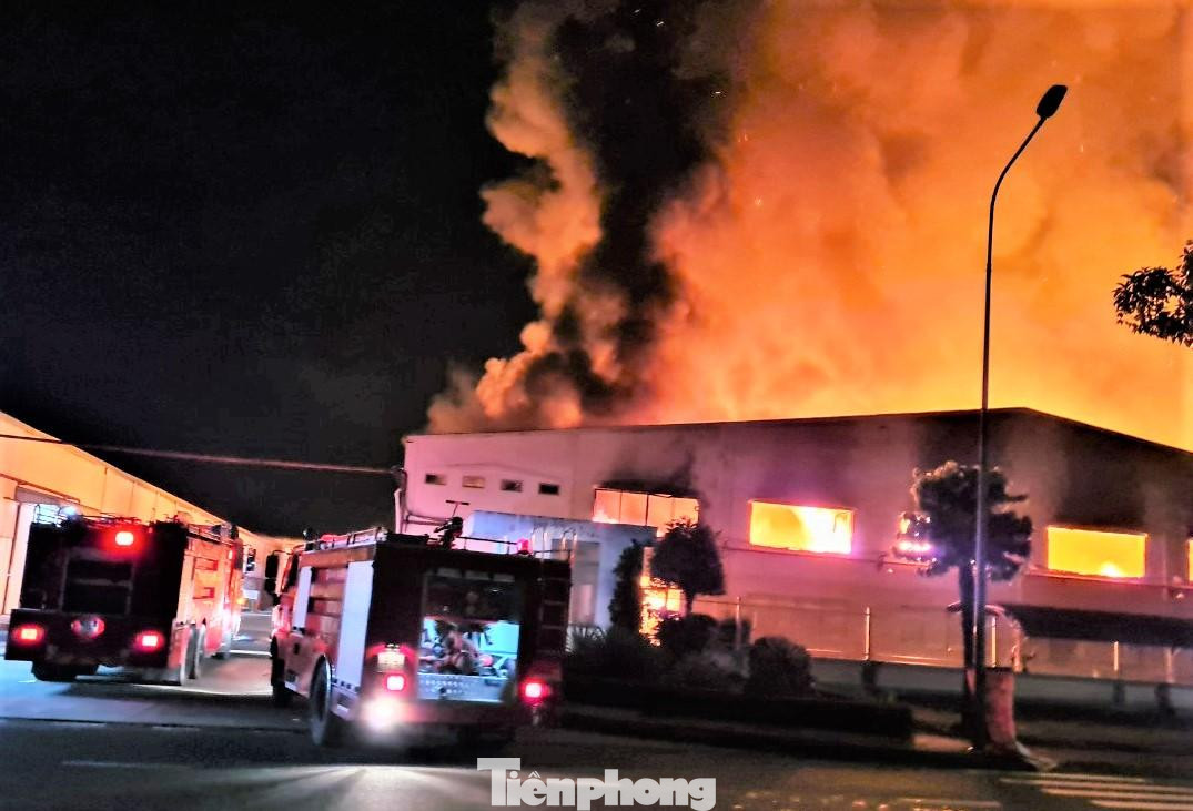 Lửa bao trùm công ty gỗ lúc rạng sáng. Ảnh: CTV