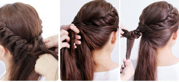 Lấy hai lọn tóc ở bên phải xoắn vào nhau theo hình vòng cung, được một nửa thì dùng kẹp mỏ vịt cố định lại Làm tương tự với phần tóc bên trái. Tháo kẹp mỏ vịt ra và tết hai đuôi tóc lại với nhau. Sau khi tết sau bạn vấn phần đuôi tóc lên chỗ giao nhau của hai lọn tóc và dùng ghim cố định lại. Bạn có thể dùng nơ để che đi phần ghim. Cuối cùng là hất phần tóc thừa sang một bên. Vậy là bạn đã có một kiểu tóc cực nữ tính rồi đấy.