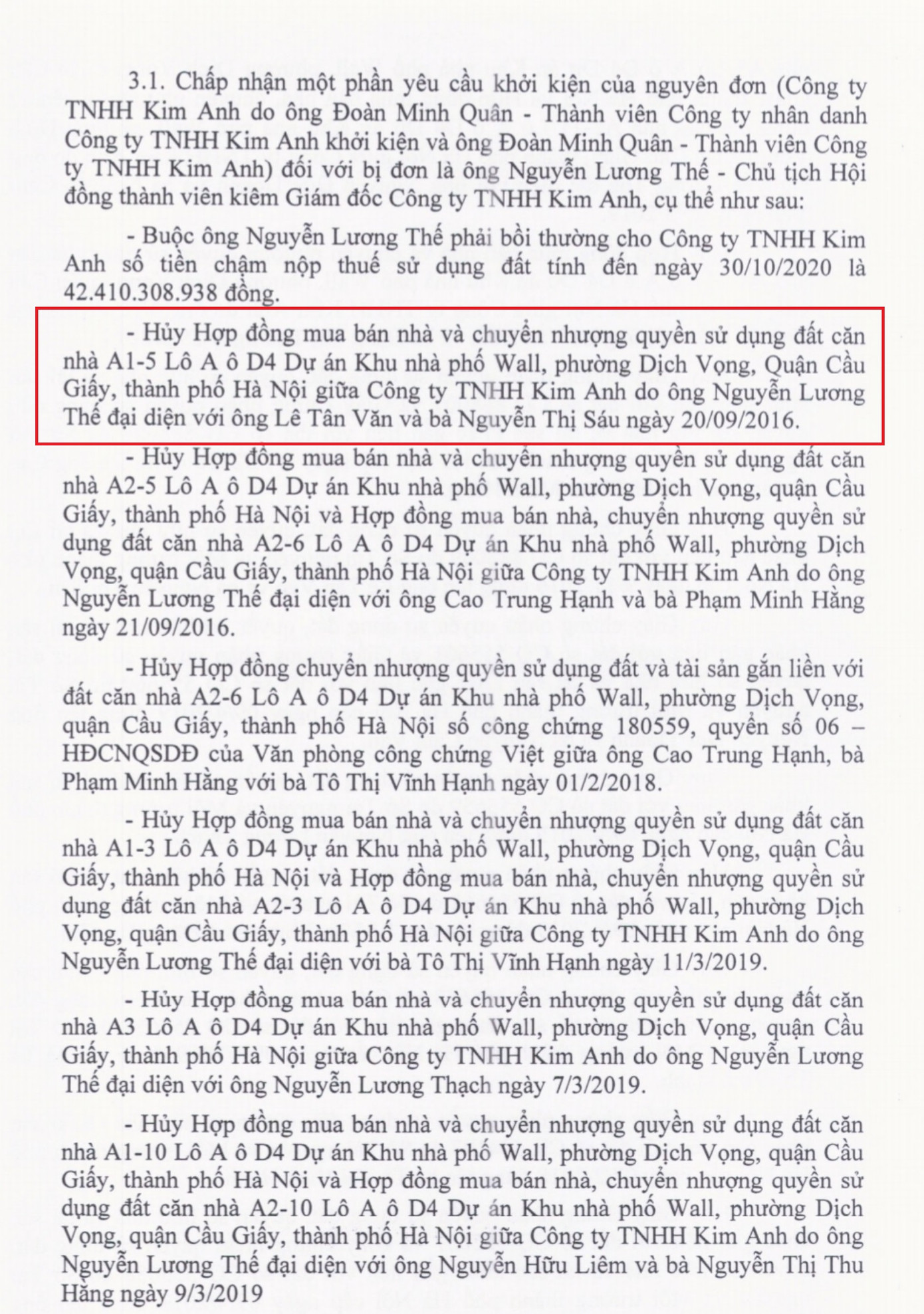 Bản án đã tuyên hủy các hợp đồng và giấy chứng nhận quyền sử dụng đất, quyền sở hữu tài sản gắn liền với đất của 11 căn nhà thuộc Lô A-D4 dự án khu nhà ở phố Wall do Công ty Kim Anh làm chủ đầu tư mà ông Nguyễn Lương Thế đã làm giao dịch giả tạo bán cho người khác, trong đó có ông V.