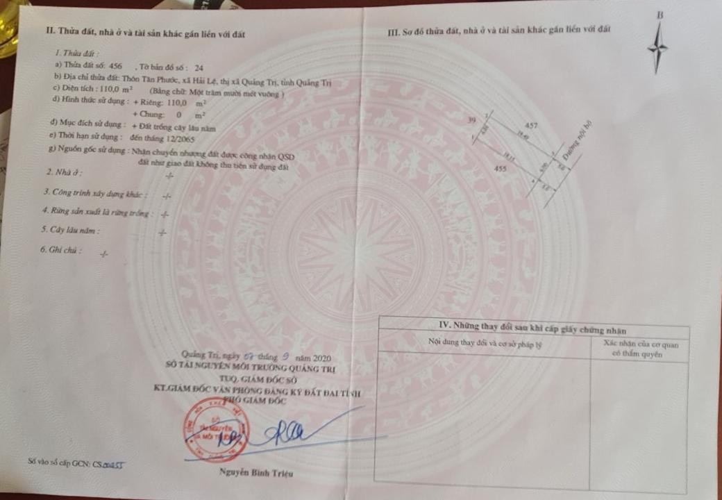 Trong GCNQSD cấp cho ông Quang, bà Linh ghi rõ là đất trồng cây lâu năm nhưng trên thực tế đang được rao bán là khu đất quy hoạch nghỉ dưỡng chia tách thành 54 lô.