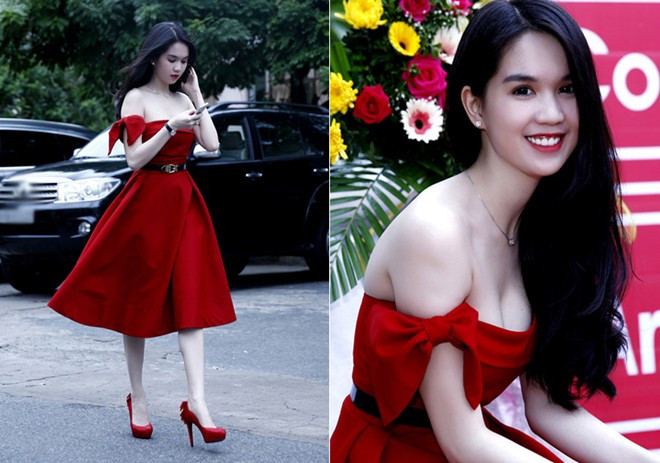 Trong một sự kiện ở miền Tây, Ngọc Trinh set trang phục với tông màu đỏ đậm nổi bật trên làn da trắng sứ. Bộ váy xòe được thiết kế với phần ngực trễ, tay áo nơ xinh xắn, set màu với đôi giày cao gót và son môi