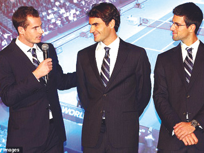 Andy Murray, Roger Federer và Novak Djokovic tại lễ bốc thăm chia bảng ATP World Tour Finals. Ảnh: Getty Images