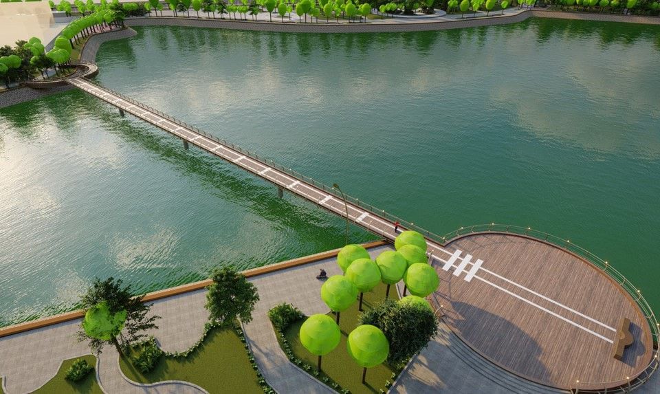 Phối cảnh cầu đi bộ qua hồ trong công viên Nghĩa Đô - một trong những điểm nhấn của dự án cải tạo, sửa chữa công viên Nghĩa Tân.