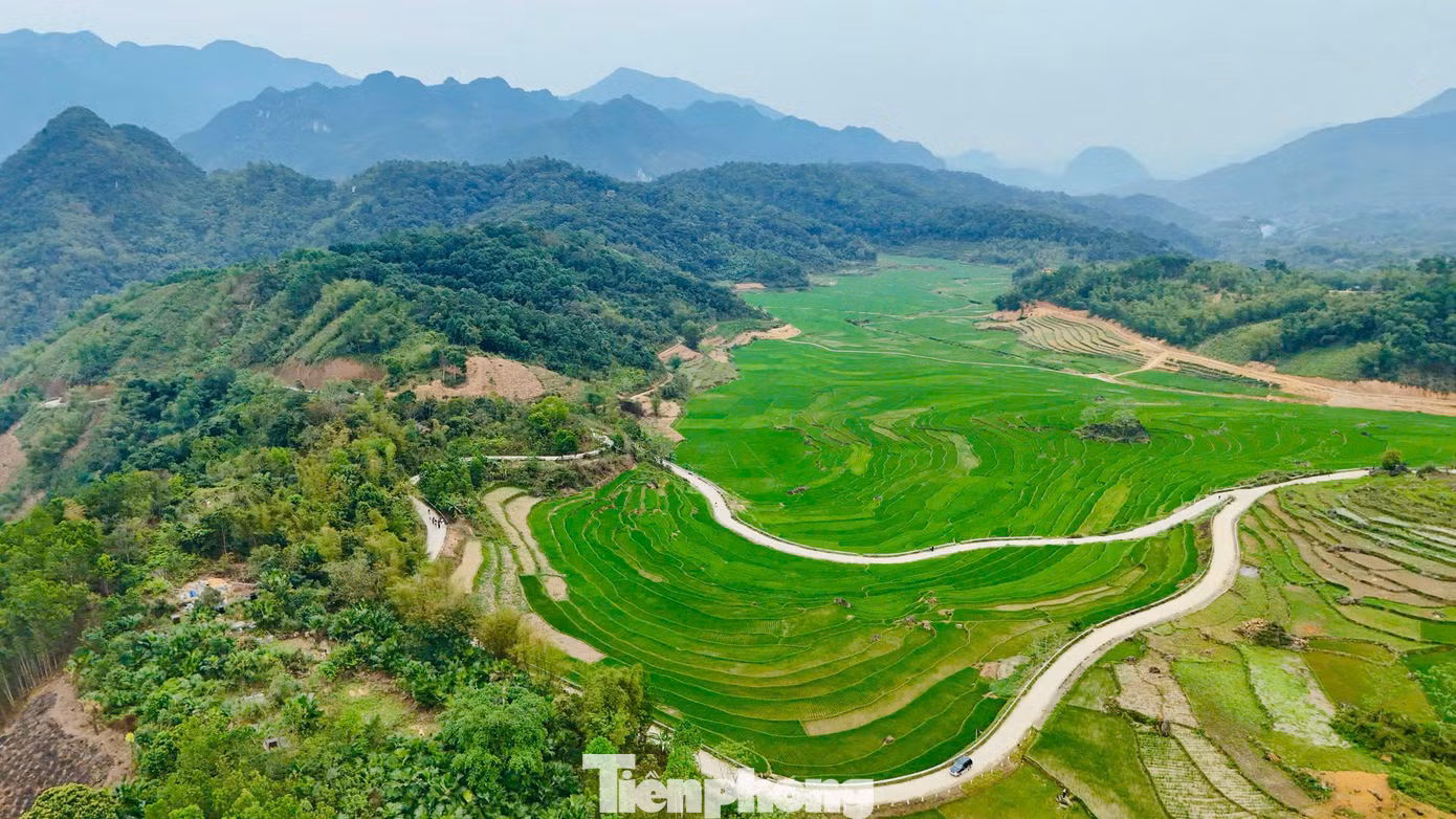 Tầng tầng lớp lớp ruộng bậc thang xanh mướt phủ kín thung lũng Pù Luông, khung cảnh khiến nhiều người lầm tưởng là ở vùng cao Tây Bắc.