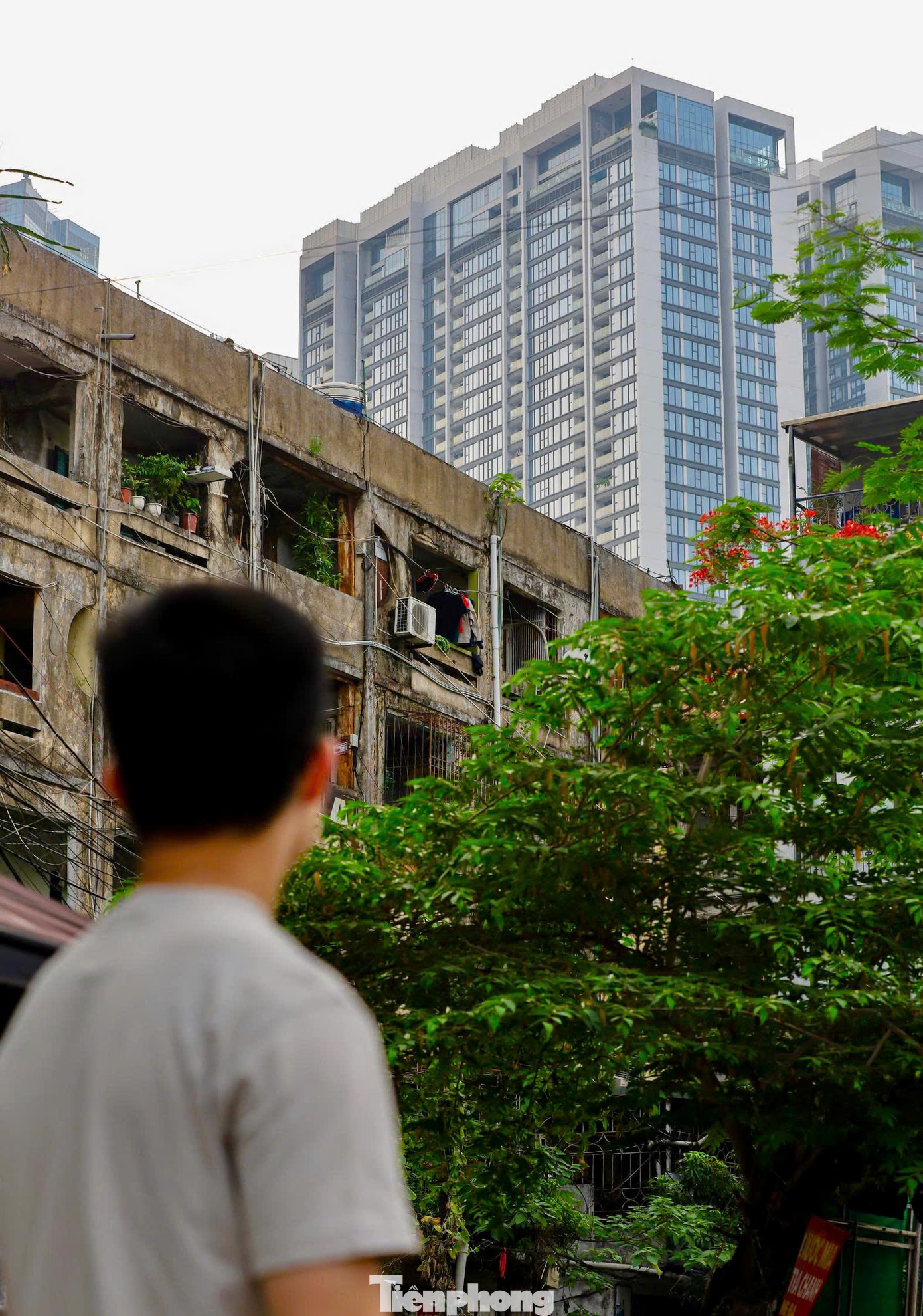 Người dân đang sống trong các căn hộ tập thể cũ cho hay, những ngày mưa bão trần bị thấm nước, có nơi dột đến mức phải dùng cả xô, chậu và thùng xốp để hứng nước.