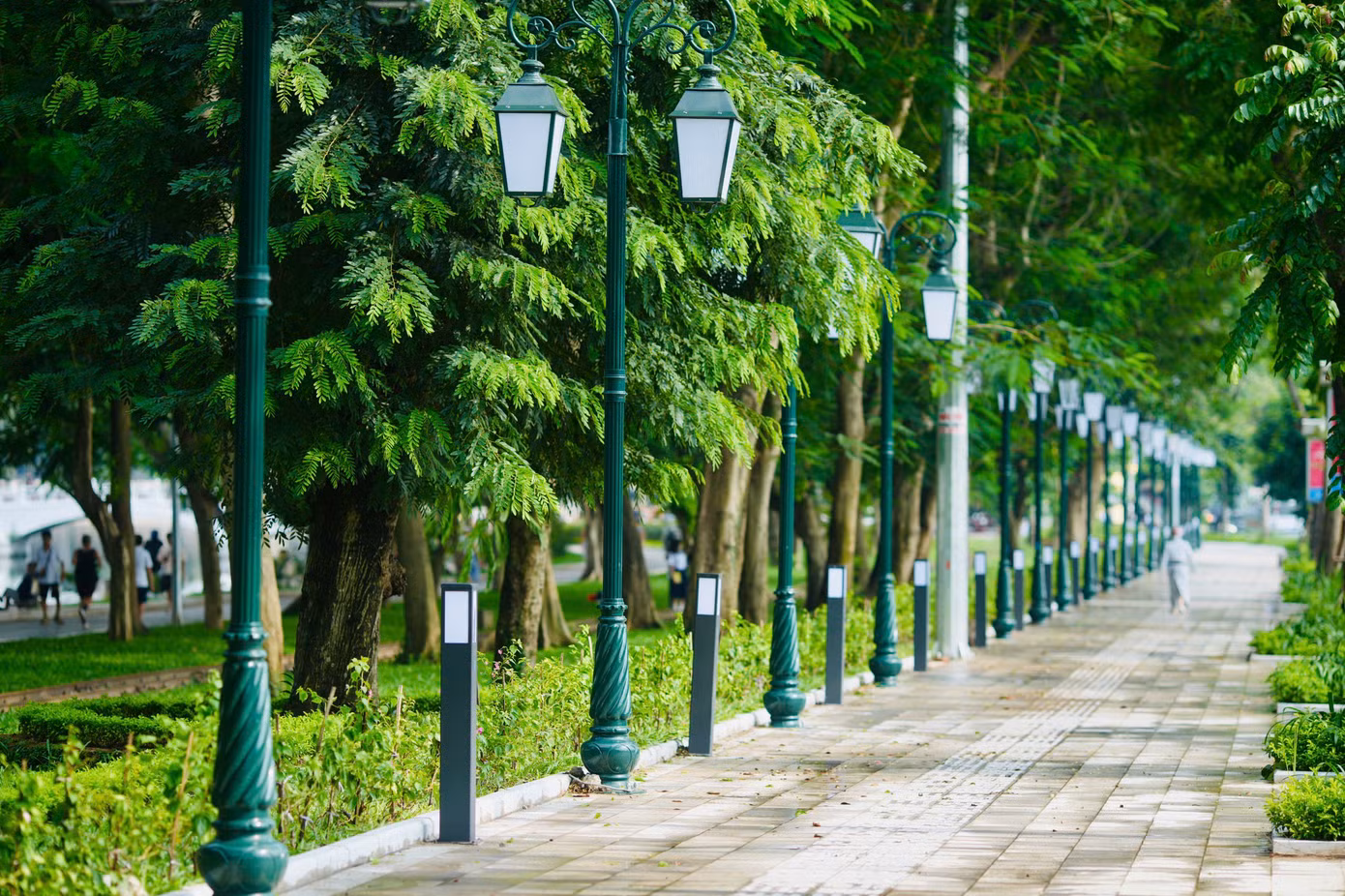 Con đường dạo trong công viên được lát đá tự nhiên uốn lượn dưới tán cây xanh rợp bóng, hệ thống đèn điện chiếu sáng mới là một phần của gói chỉnh trang cảnh quan sau tháo dỡ hàng rào.