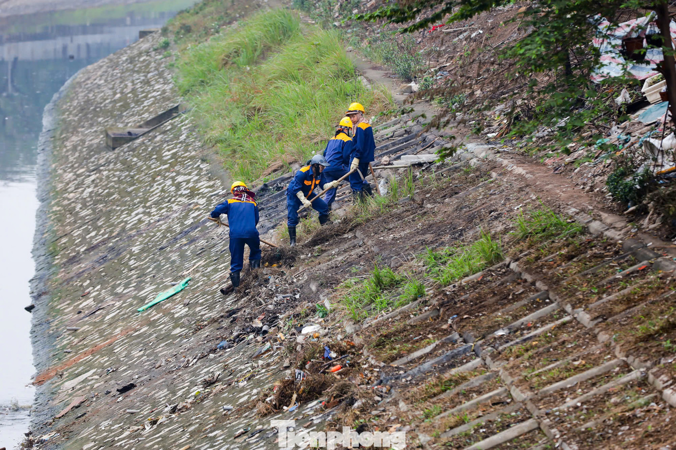 Phía trên bờ, công nhân điều chỉnh hệ thống đường ống dẫn bùn thải từ dưới lòng sông lên xe bồn.