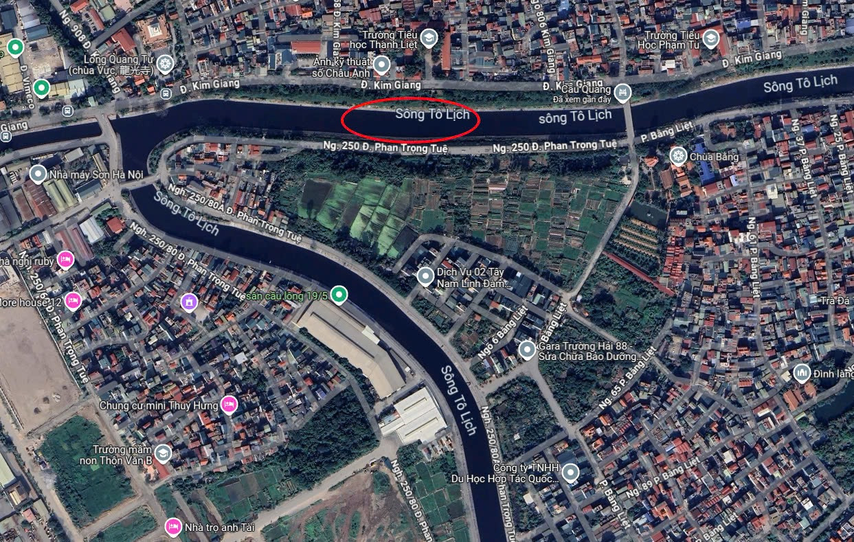 Vị trí đập dâng giữ nước đầu tiên sông Tô Lịch trên bản đồ Google maps.