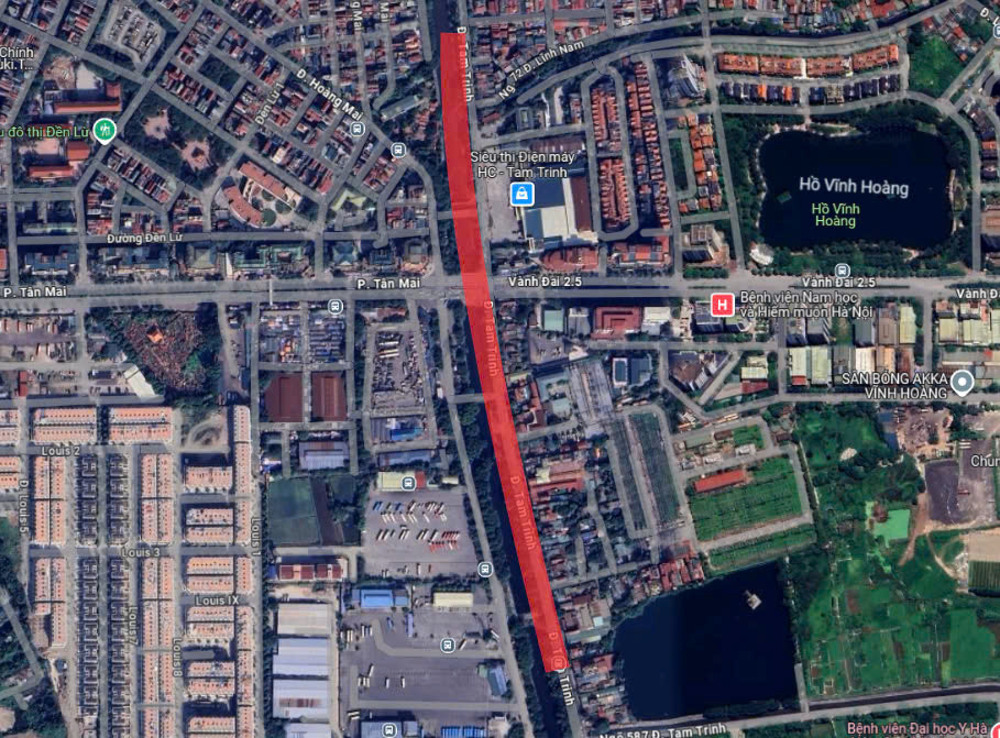 Vị trí dự án mở rộng đường Tam Trinh trên bản đồ Google maps.
