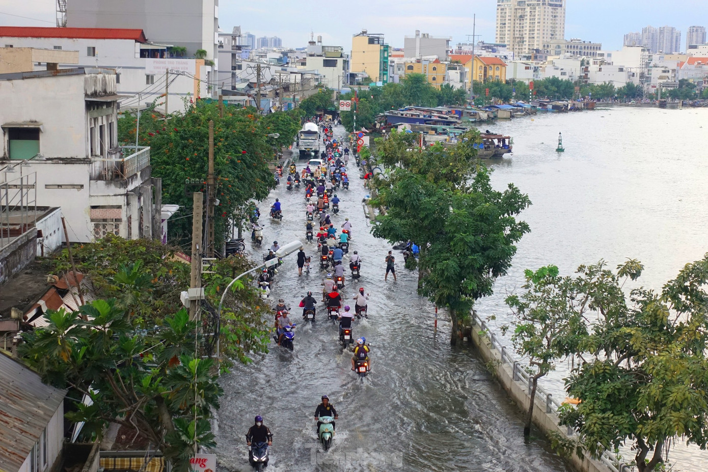 Ngập do triều cường tại khu vực đường Trần Xuân Soạn (quận 7, TPHCM). Ảnh: Hữu Huy