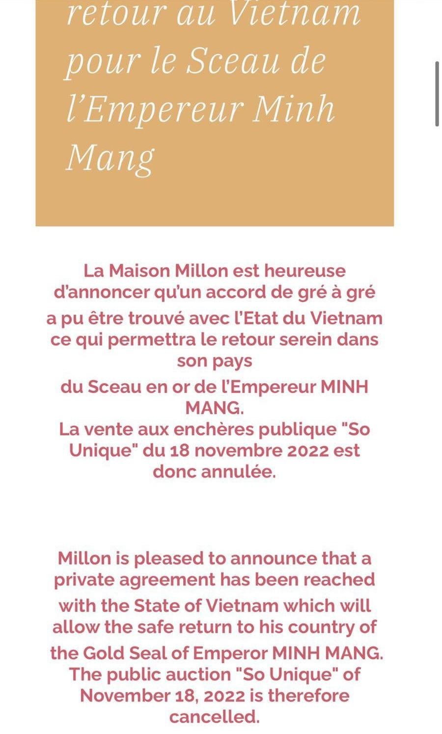 Thông báo hủy đấu giá trực tiếp ấn vàng. Ảnh: MILLON. Thông báo hủy đấu giá trực tiếp ấn vàng. Ảnh: MILLON.