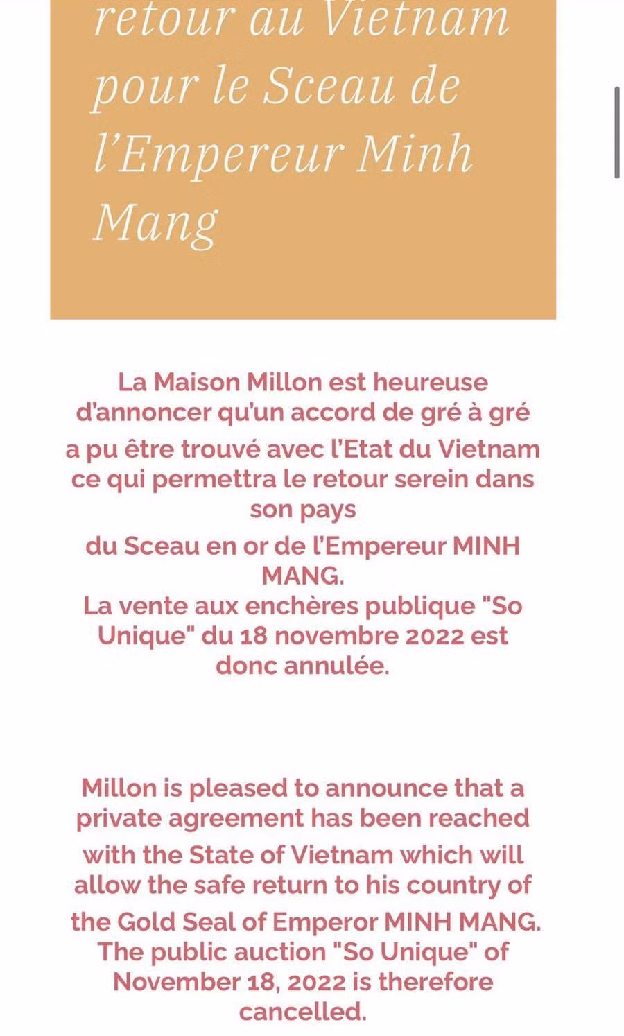 Thông báo hủy đấu giá trực tiếp ấn vàng. Ảnh: MILLON.
