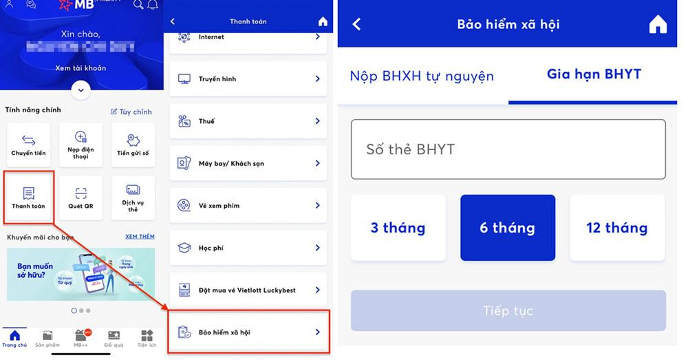 Các bước đóng tiếp BHXH tự nguyện, gia hạn thẻ BHYT hộ gia đình trên ứng dụng MB Bank