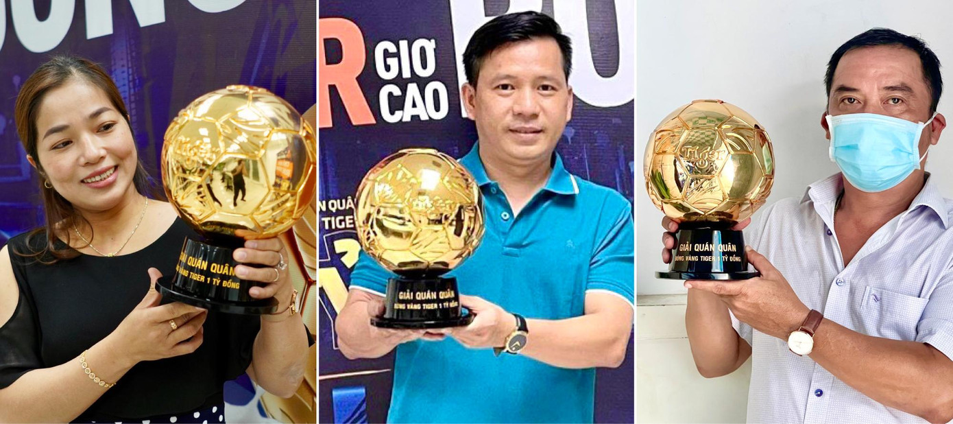 3 quả bóng vàng Tiger đầu tiên đã được trao cho người trúng giải. Như vậy, hiện vẫn còn đến 6 quả bóng vàng (trị giá 1 tỷ đồng/giải) và hàng nghìn huy chương 1 chỉ vàng SJC9999/giải, cùng hàng triệu thẻ cào điện thoại (trị giá 20.000đ/giải) vẫn đang chờ chủ nhân may mắn ở phía trước. 3 quả bóng vàng Tiger đầu tiên đã được trao cho người trúng giải. Như vậy, hiện vẫn còn đến 6 quả bóng vàng (trị giá 1 tỷ đồng/giải) và hàng nghìn huy chương 1 chỉ vàng SJC9999/giải, cùng hàng triệu thẻ cào điện thoại (trị giá 20.000đ/giải) vẫn đang chờ chủ nhân may mắn ở phía trước.