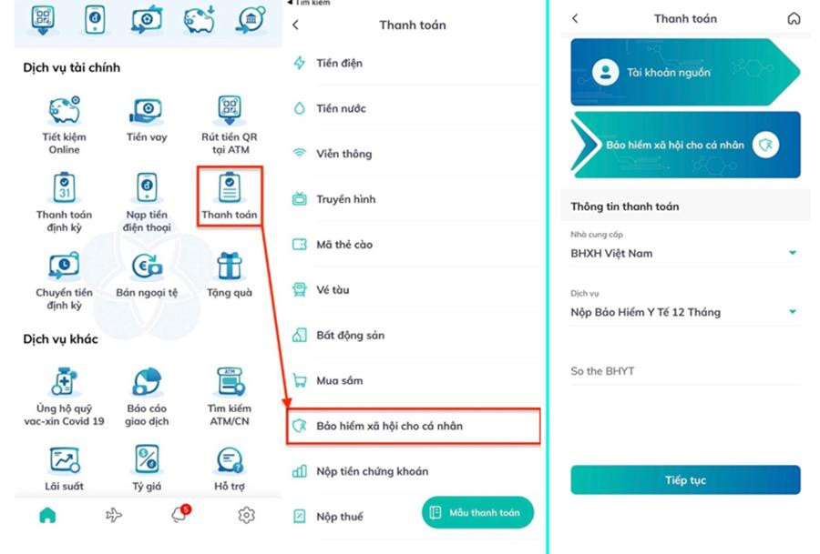 Các bước đóng tiếp BHXH tự nguyện, gia hạn thẻ BHYT hộ gia đình trên ứng dụng BIDV Smart Banking