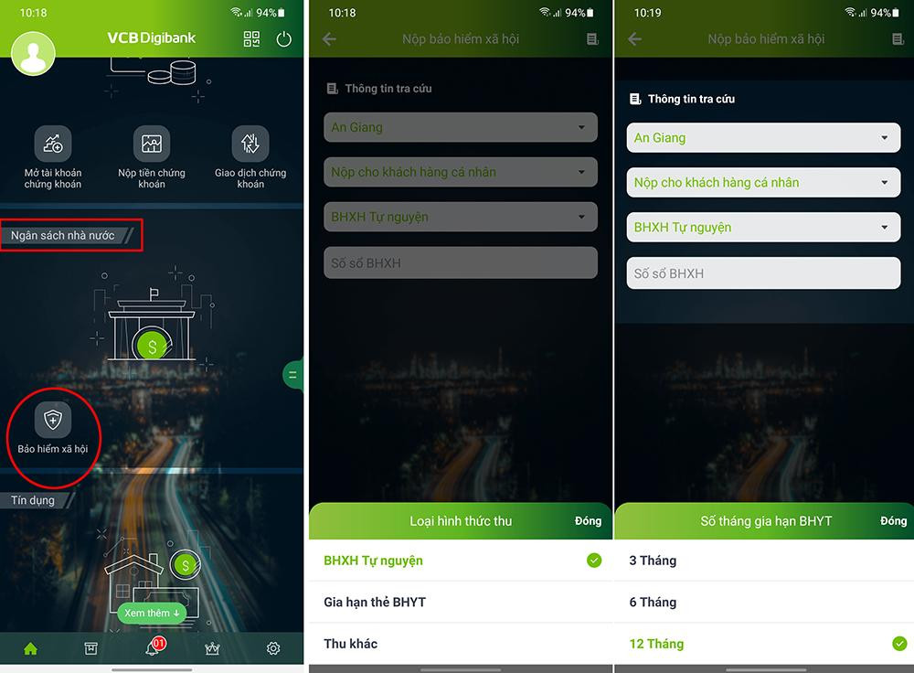 Các bước đóng tiếp BHXH tự nguyện, gia hạn thẻ BHYT hộ gia đình trên ứng dụng VCB Digibank