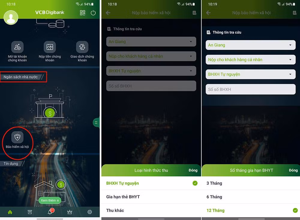 Các bước đóng tiếp BHXH tự nguyện, gia hạn thẻ BHYT hộ gia đình trên ứng dụng VCB Digibank Các bước đóng tiếp BHXH tự nguyện, gia hạn thẻ BHYT hộ gia đình trên ứng dụng VCB Digibank