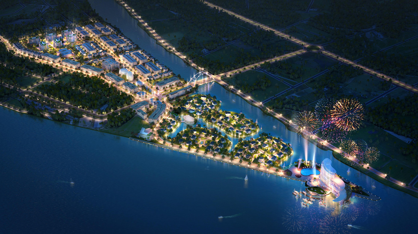 Phối cảnh dự án khu đô thị mới Cồn Khương với hệ thống hồ cảnh quan lồng ghép vào cảnh quan để đưa đặc tính “nước” của khu vực Tây Nam Bộ vào dự án