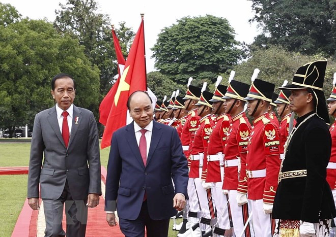 Chủ tịch nước Nguyễn Xuân Phúc và Tổng thống nước Cộng hòa Indonesia Joko Widodo duyệt đội danh dự. (Ảnh: Thống Nhất/TTXVN).