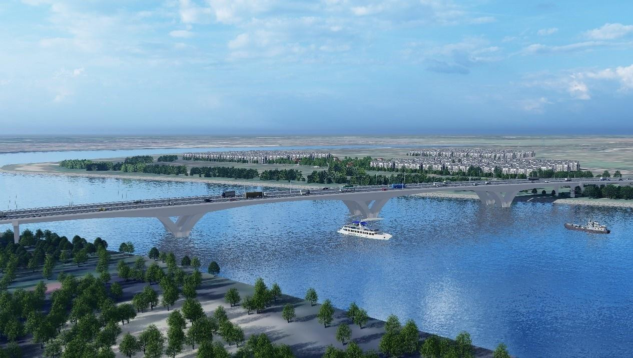 Cầu Mễ Sở dự kiến được đặt cách trạm bơm Hồng Vân khoảng 600 m về phía hạ lưu, có điểm đầu kết nối ở nút giao giữa vành đai 4 và cao tốc Pháp Vân - Cầu Giẽ. Ảnh: Ban Quản lý dự án ĐTXD công trình giao thông Hà Nội.