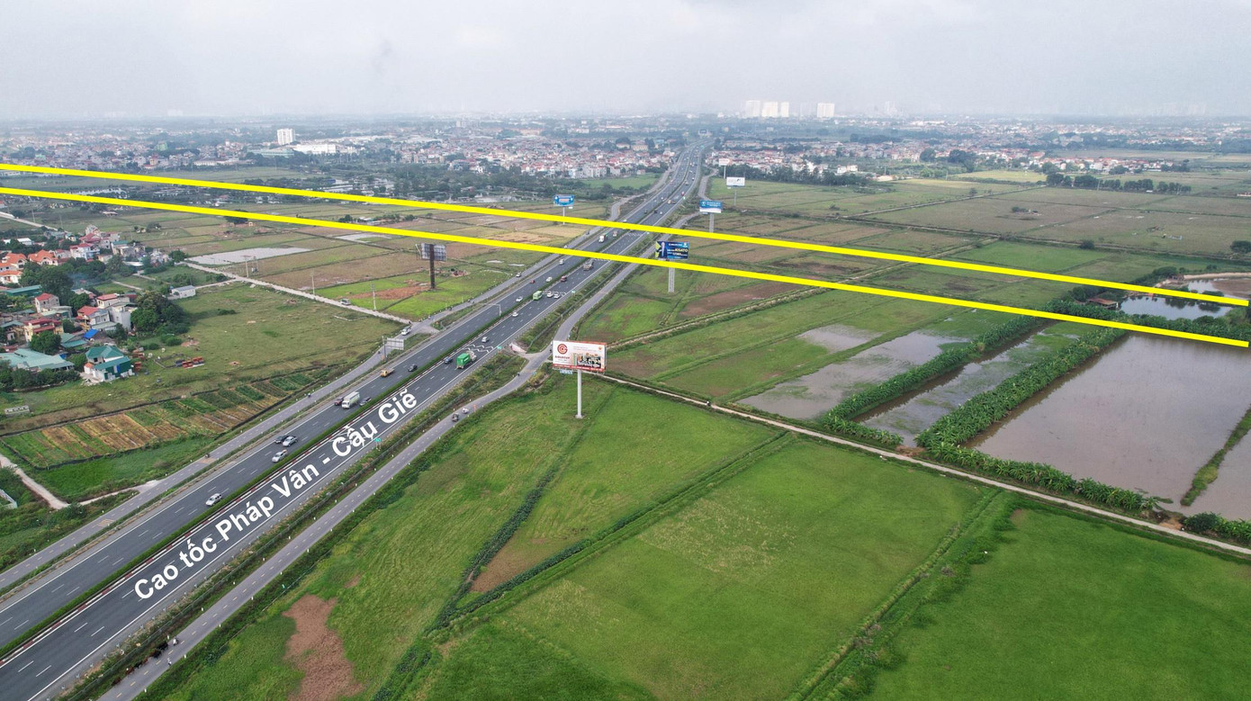 Vị trí nút giao liên thông giữa vành đai 4 (đường màu vàng) và cao tốc Pháp Vân - Cầu Giẽ tại xã Văn Bình, huyện Thường Tín.