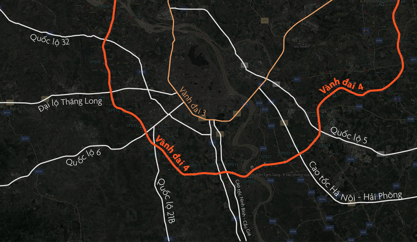 Trong giai đoạn 1, dự án có 8 nút giao liên thông gồm nút giao với cao tốc Nội Bài - Lào Cai, trục Mê Linh, đại lộ Thăng Long, quốc lộ 6, cao tốc Pháp Vân - Cầu Giẽ, cao tốc Hà Nội - Hải Phòng, quốc lộ 38, Nội Bài - Bắc Ninh. Đồ họa: Duy Anh.