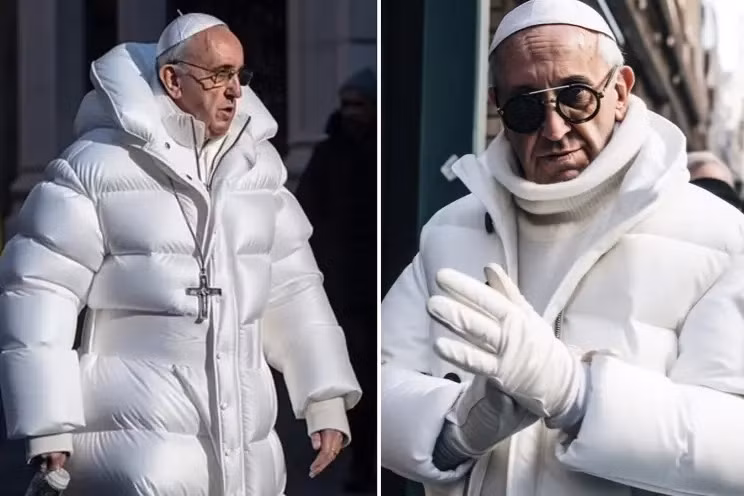 Hình ảnh Giáo hoàng Francis mặc áo khoác phao hàng hiệu gây "bão" Twitter. Ảnh: Twitter.