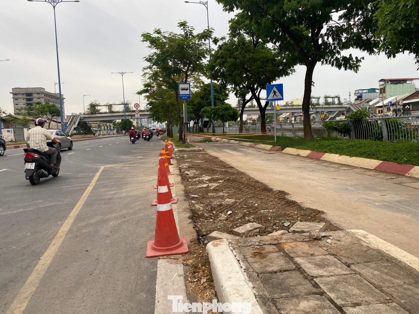 Một số cây xanh cùng trạm chờ xe buýt đã được di dời để phục vụ thi công mở rộng đường Võ Văn Kiệt.