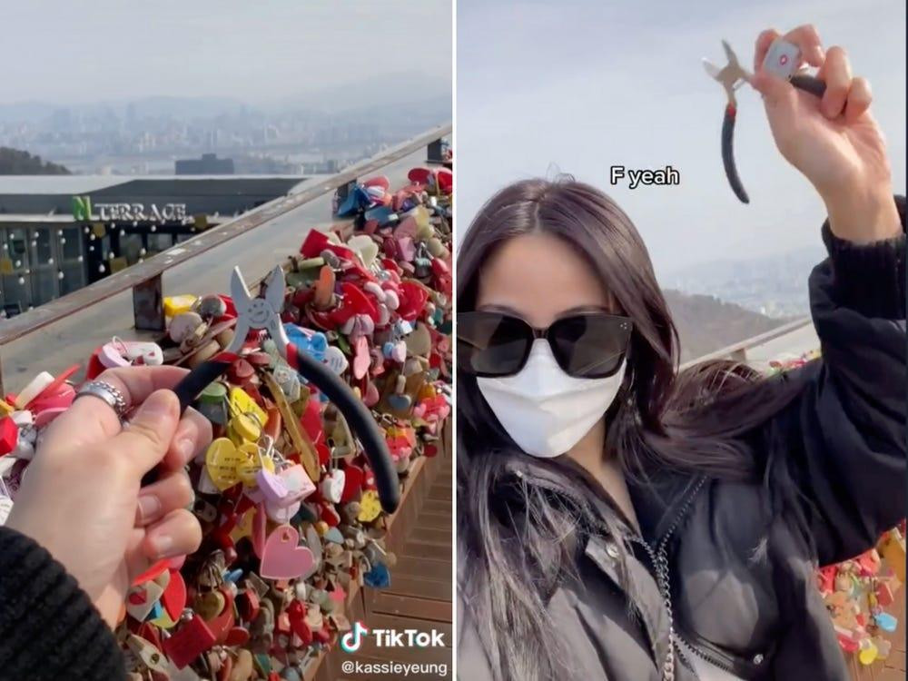 Kassie Yeung đã lên đỉnh Tháp Namsan với những chiếc hàng rào đầy các ổ khóa nhiều màu sắc cùng chiếc kéo cắt. Kassie Yeung đã lên đỉnh Tháp Namsan với những chiếc hàng rào đầy các ổ khóa nhiều màu sắc cùng chiếc kéo cắt.