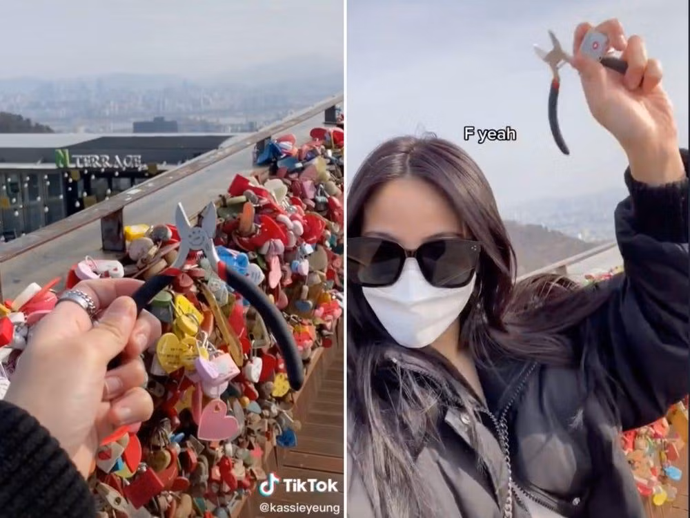 Kassie Yeung đã lên đỉnh Tháp Namsan với những chiếc hàng rào đầy các ổ khóa nhiều màu sắc cùng chiếc kéo cắt.