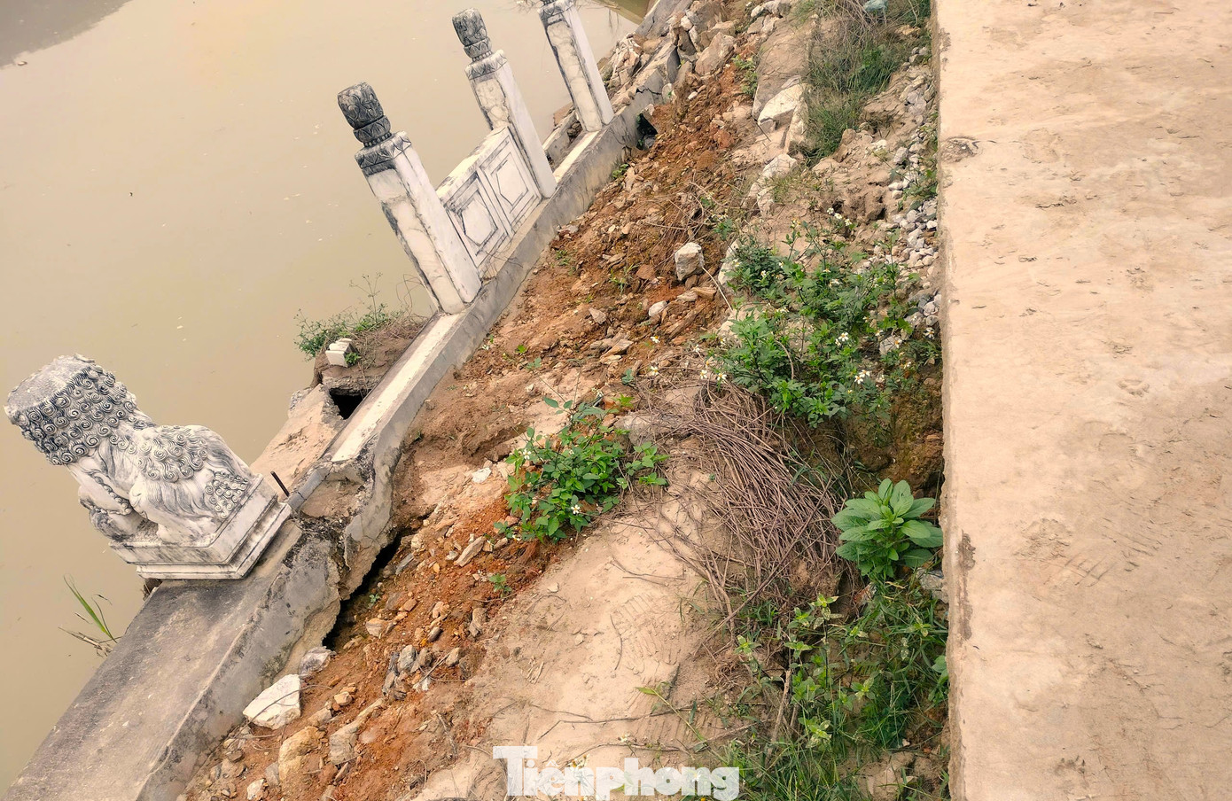 Những lan can tại bờ kè bị xô gẫy nghiêng ngả, hư hỏng khó phục hồi, đường vào khu di tích bị xói sâu, hở hàm ếch.