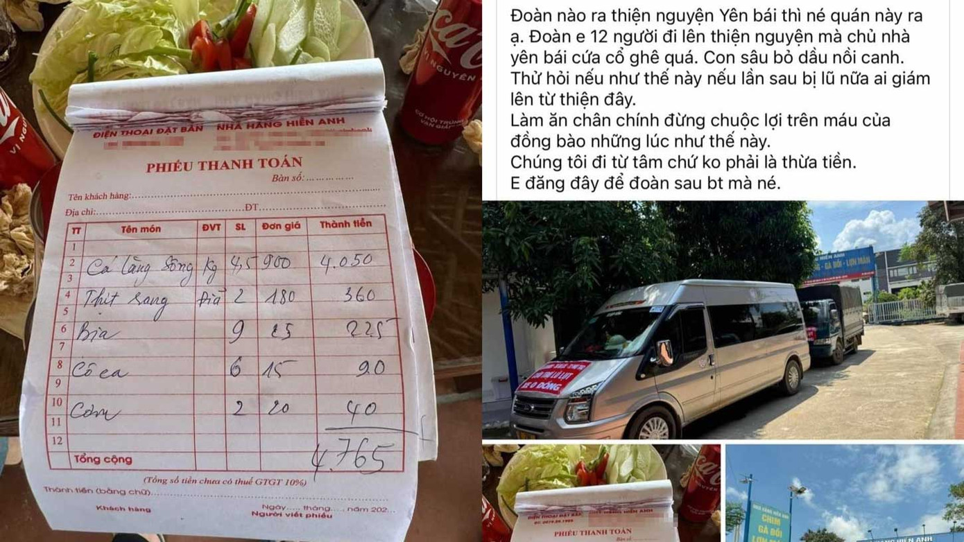 Hóa đơn đoàn khách từ thiện đăng tải tố cáo việc nhà hàng Hiền Anh "chặt chém". Ảnh: MXH