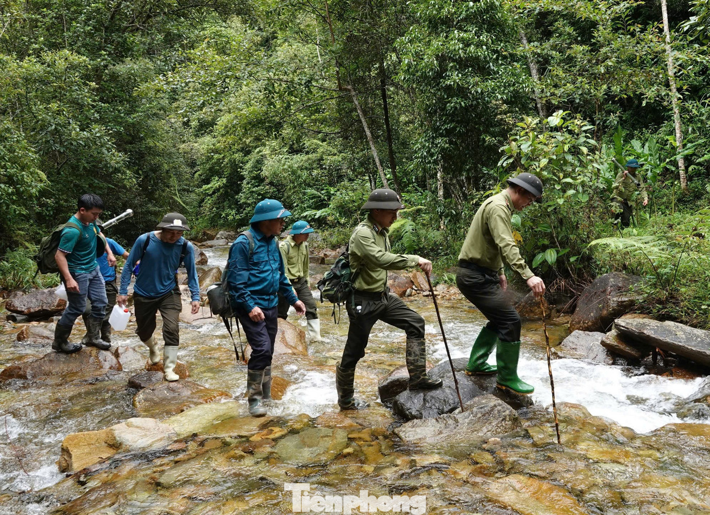 Lực lượng kiểm lâm cùng với các thành viên trong tổ tuần tra thường xuyên phải vượt suối, băng rừng để bảo vệ những cánh rừng xanh.