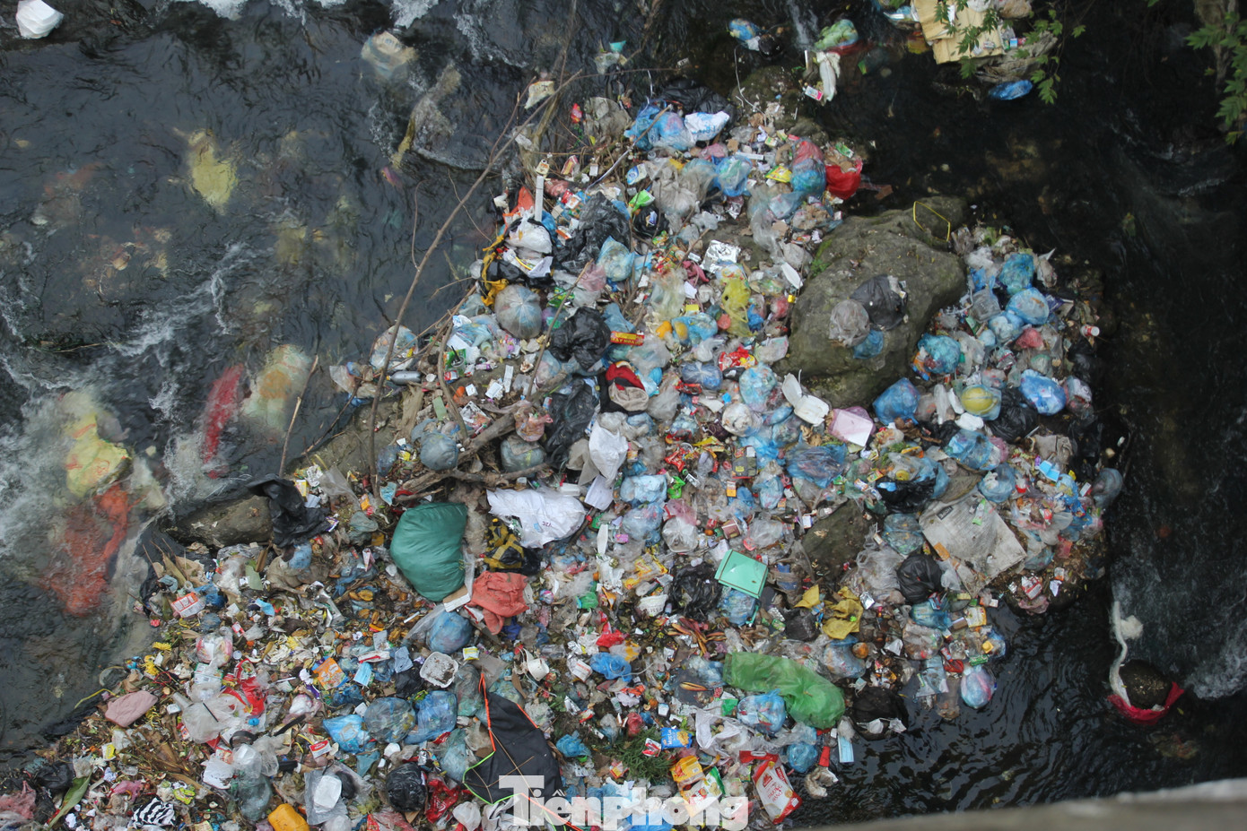 Rác chất thành từng đống giữa suối, tràn sang hai bên. Những vũng nước ứ đọng lâu ngày chuyển thành màu đen, nổi rêu váng...