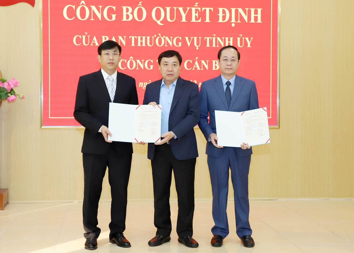 Quyền Bí thư Tỉnh ủy Nguyễn Mạnh Dũng trao quyết định cho ông Lục Thế Hưng và ông Hà Việt Hưng.