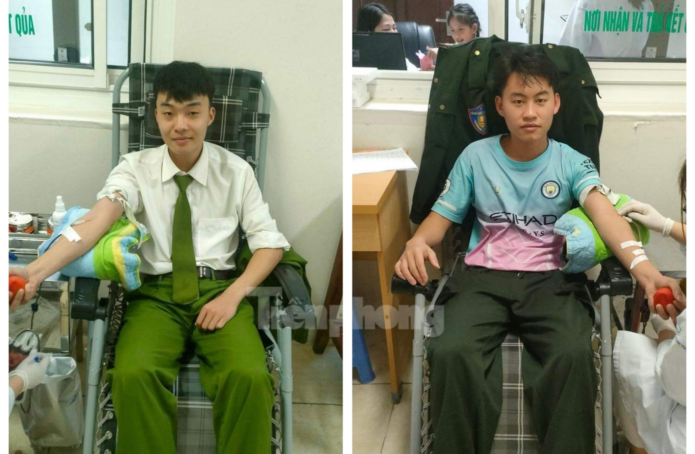 Hai đoàn viên, thanh niên Công an tỉnh Yên Bái tham gia hiến máu tình nguyện cấp cứu kịp thời cho cụ ông Phạm Quốc Xô.