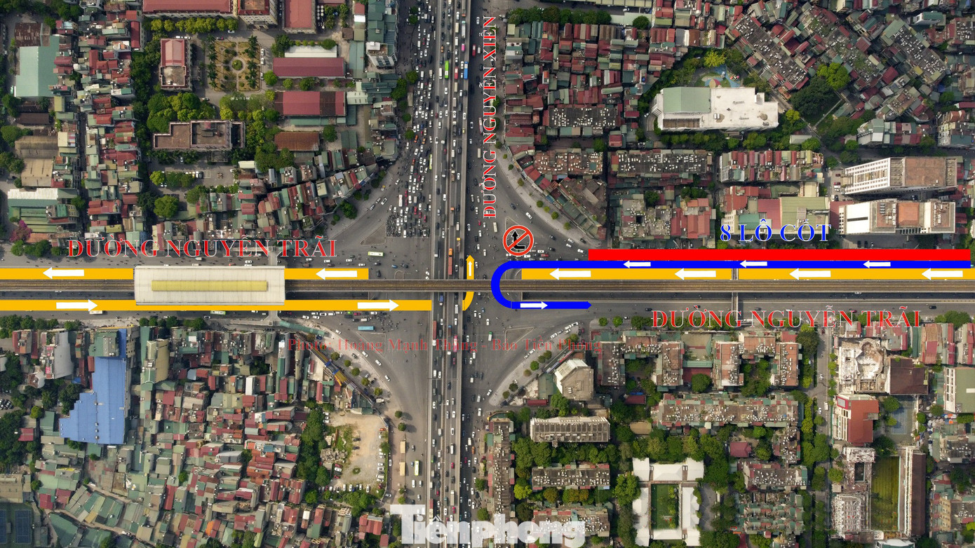 Chỉ dẫn các phương tiện tham gia giao thông qua ngã tư Nguyễn Trãi - Nguyễn Xiển phải theo.