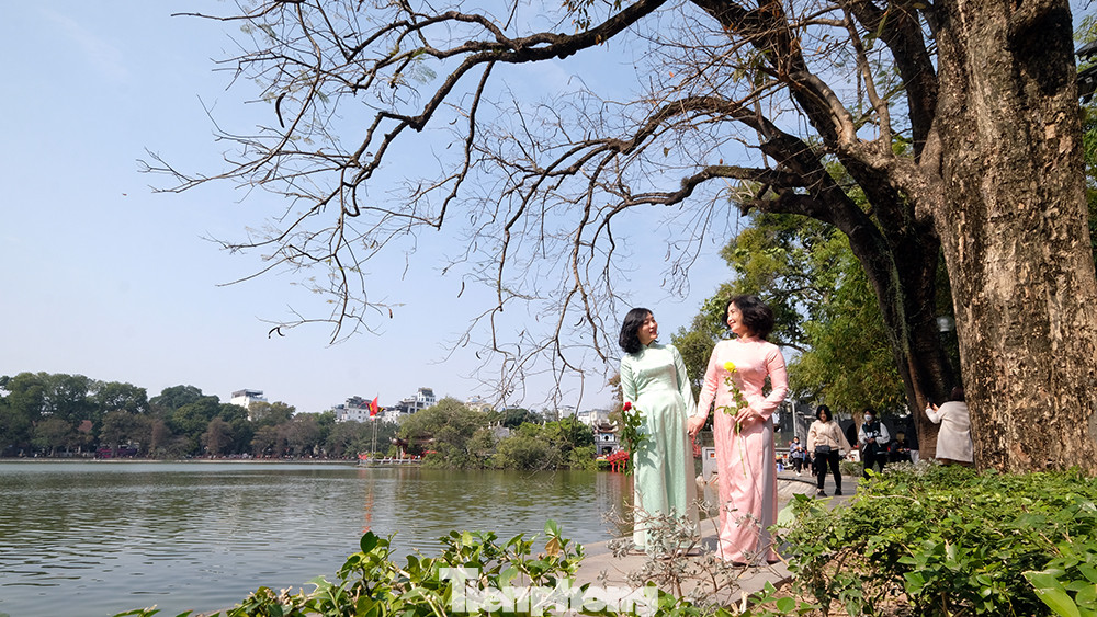 Thời tiết tại Thủ đô Hà Nội hôm nay nắng đẹp, nhiệt độ dao động từ 18 - 20 độ C nên nhiều người đã tranh thủ ngày Chủ nhật đầu tiên của năm mới đi chụp hình ghi lại khoảnh khắc đầu xuân mới.