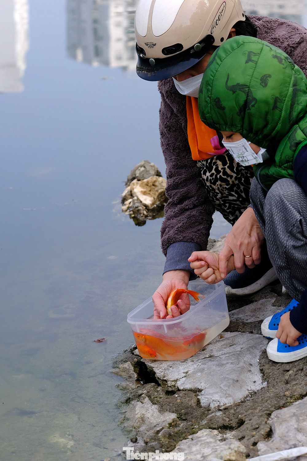 Sau khi làm lễ, chị hướng dẫn cậu con trai tên Bách thả đúng cách để không làm bị thương những chú cá.