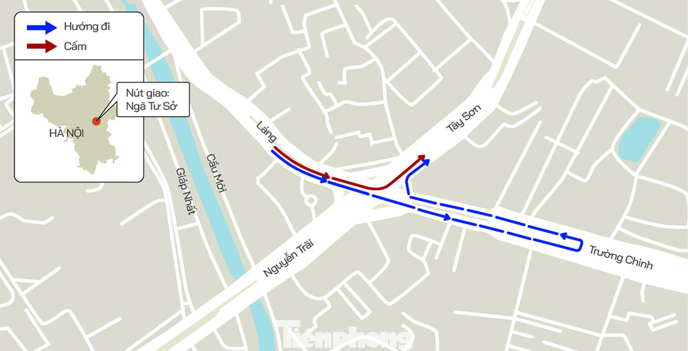 Hướng các phương tiện phải di chuyển nếu muốn đi từ đường Láng sang phố Tây Sơn.