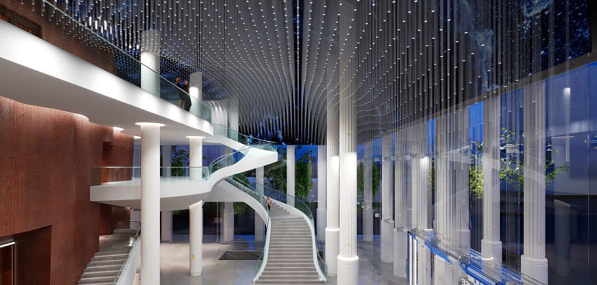 Phối cảnh khu vực sảnh chính với những đường nét uốn lượn mềm mại của cầu thang lên các tầng trên của Nhà hát Hồ Gươm.