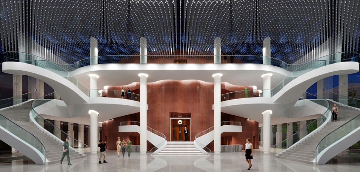Phối cảnh khu vực sảnh chính với những đường nét uốn lượn mềm mại của cầu thang lên các tầng trên của Nhà hát Hồ Gươm.
