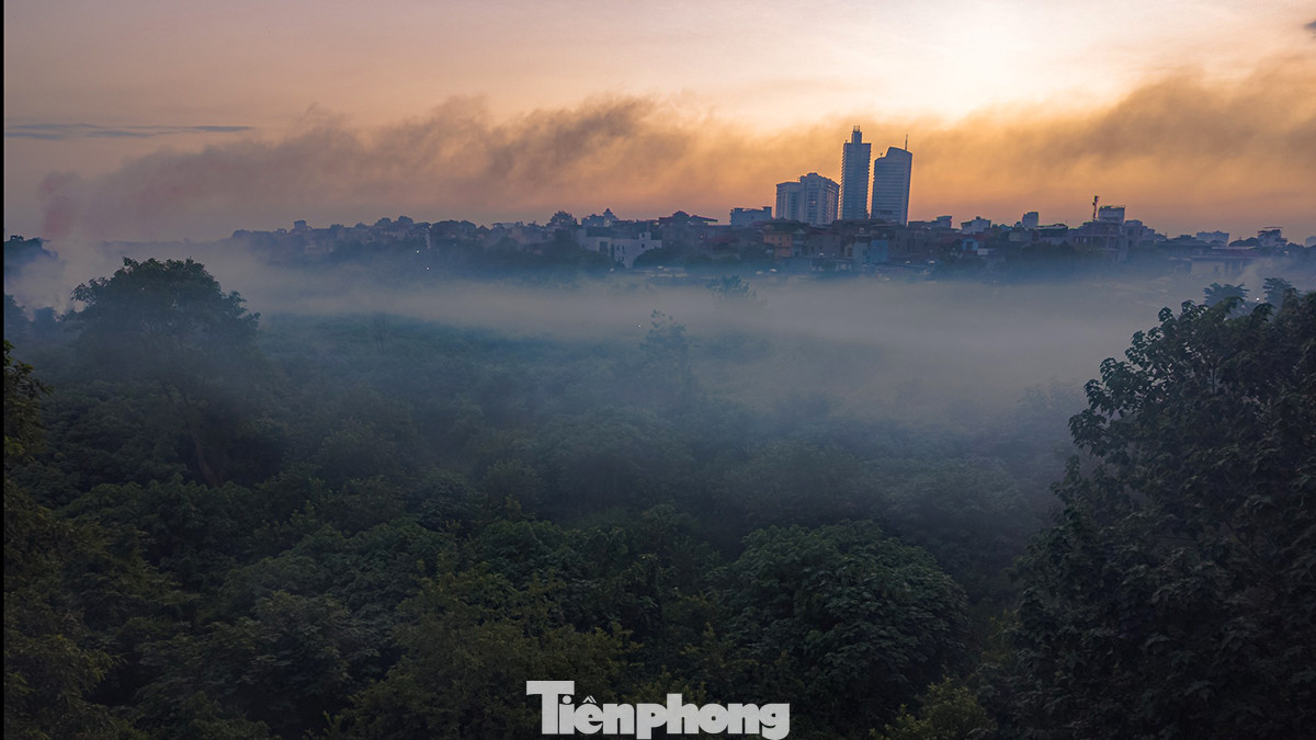 Khu vực bãi giữa của sông Hồng thường được biết đến với những thảm thực vật xanh mướt, nay thêm làn sương bảng lảng càng làm nổi bật những tòa nhà cao tầng phía xa của Hà Nội.