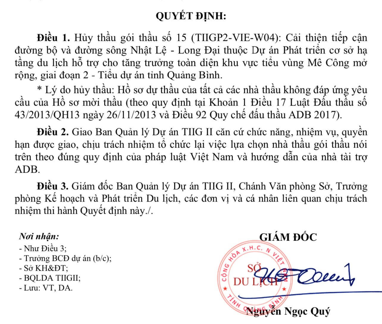 Quyết định huỷ thầu của Chủ đầu tư Quyết định huỷ thầu của Chủ đầu tư