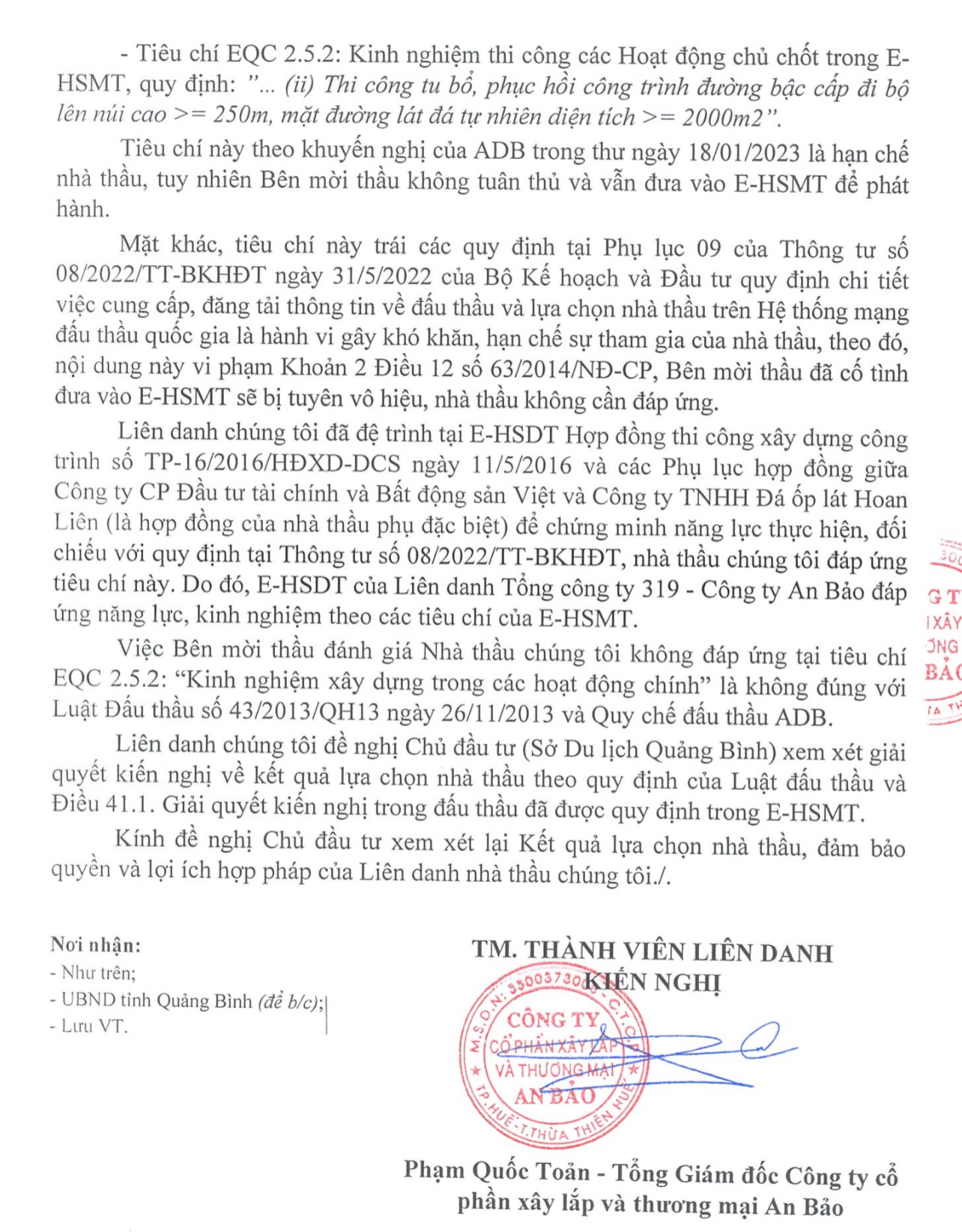 Đơn kiến nghi của Liên danh Tổng công ty 319 - Công ty CP Xây lắp và Thương mại An Bảo