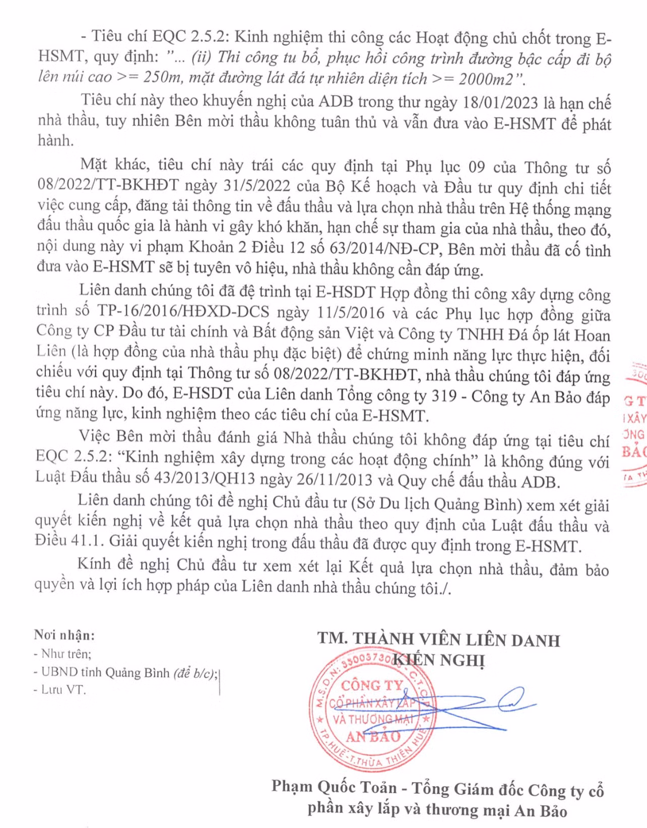 Đơn kiến nghi của Liên danh Tổng công ty 319 - Công ty CP Xây lắp và Thương mại An Bảo Đơn kiến nghi của Liên danh Tổng công ty 319 - Công ty CP Xây lắp và Thương mại An Bảo
