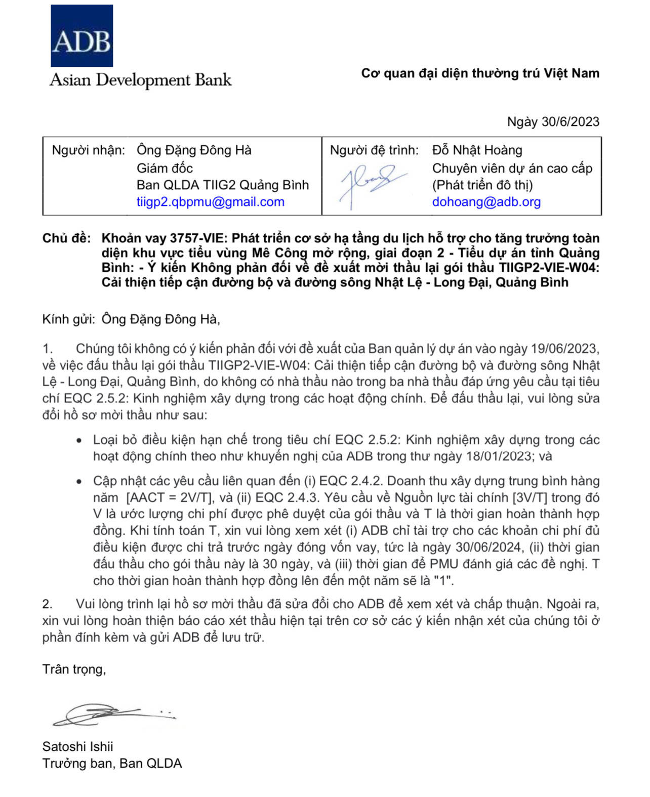 Thư của ADB nhắc lại từng khuyến nghị về tiêu chí hạn chế nhà thầu EQC 2.5.2 Thư của ADB nhắc lại từng khuyến nghị về tiêu chí hạn chế nhà thầu EQC 2.5.2