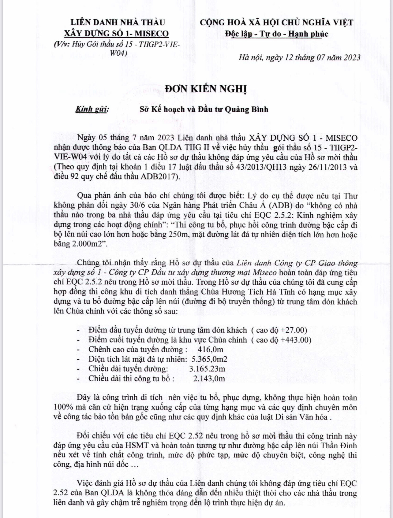Đơn kiến nghị của Liên danh Công ty CP Giao thông xây dựng số 1 - Công ty CP Đầu tư xây dựng thương mại Miseco