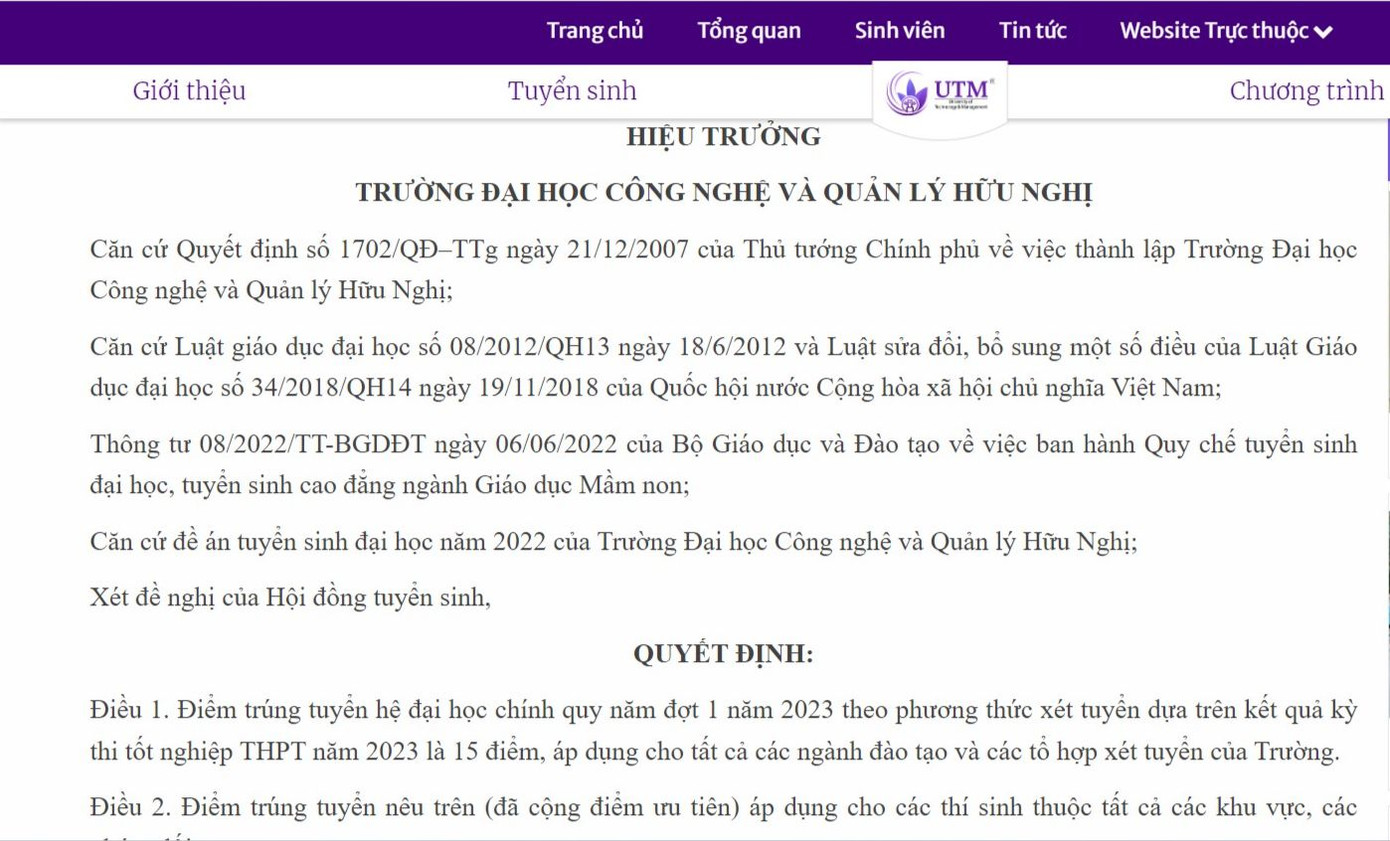 Thông báo điểm chuẩn phương thức xét kết quả thi tốt nghiệp THPT 2023 của Trường ĐH Công nghệ và Quản lý Hữu nghị. Ảnh: chụp màn hình