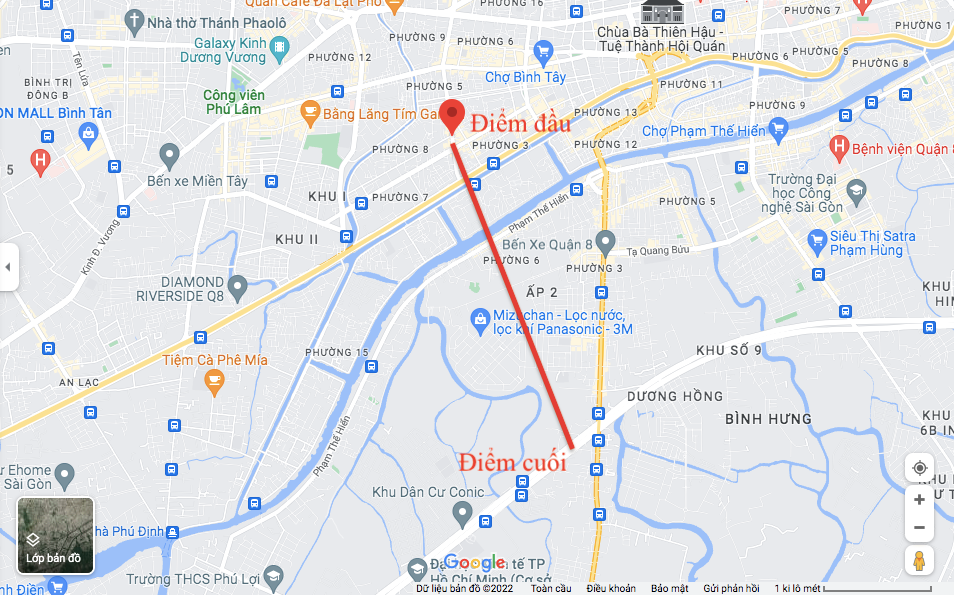 Vị trí công trình cầu đường Bình Tiên theo dự kiến.